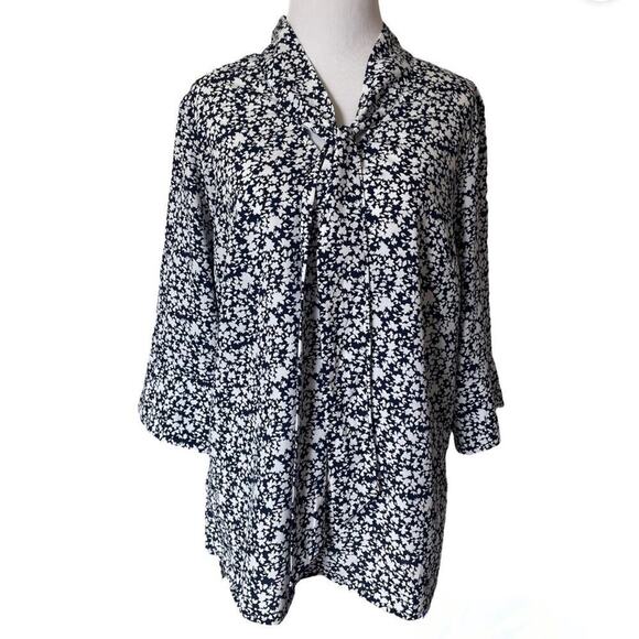 Antilia Femme Tops - Antilia Femme Blue Summer Oversized Floral Elbow Sleeve Blouse Large